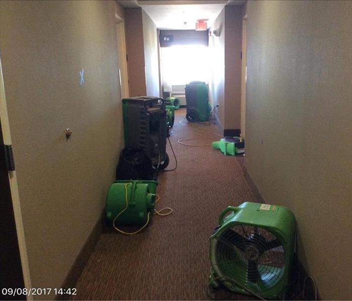 carpeted hotel hallway, green servpro equipment working